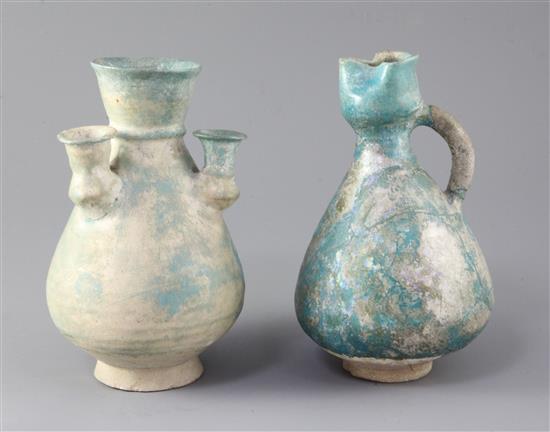 Two Kashan turquoise glazed pottery vessels, 13th century, 18.5cm, restorations